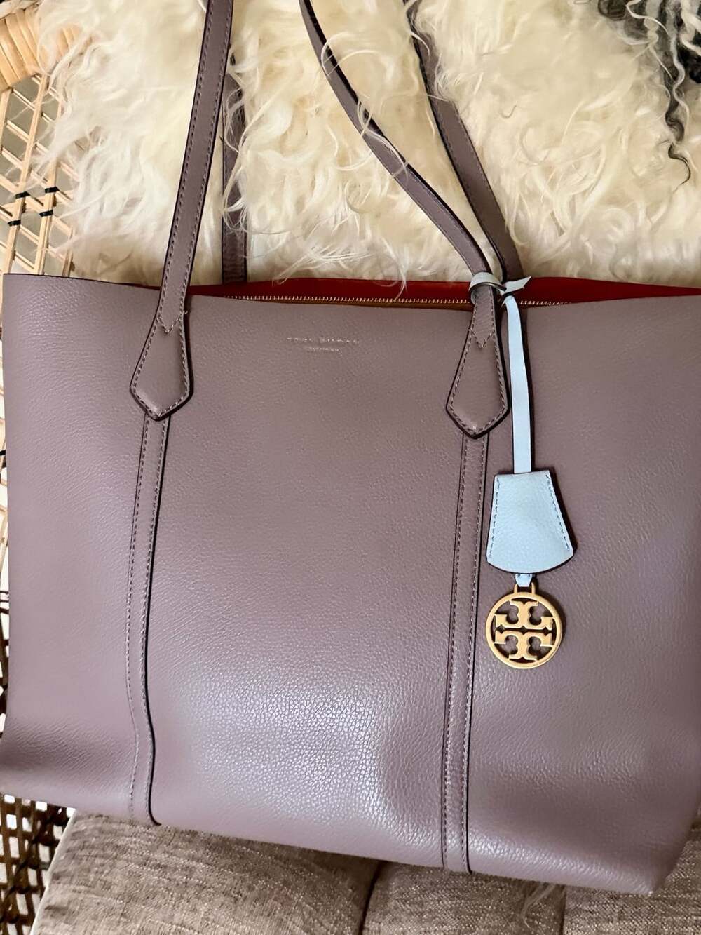Tory Burch Perry Taupe Pebbled Leather Triple Compartment Tote Bag